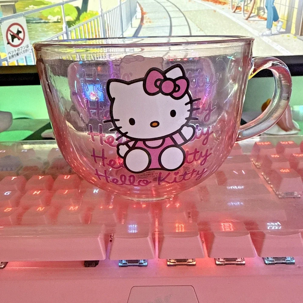 Sanrio Hello Kitty Mug Clear Pink Glass Large Coffee Latte Tea Cup 16oz 2024